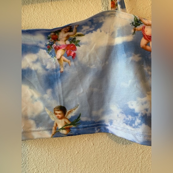 Boutique Angel Print Blue Crop Top Spaghetti Strap Halter Tank Shirt Blouse - Picture 4 of 5